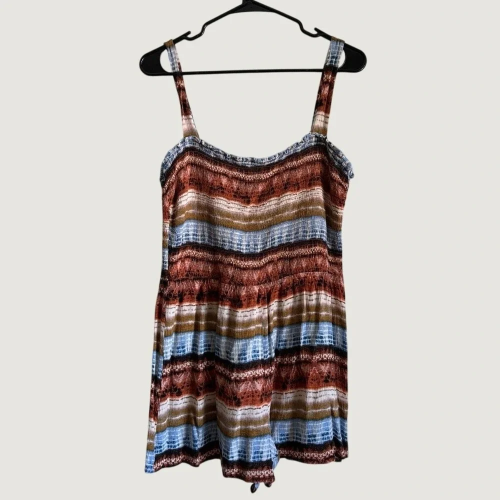 Free People Intimately Smocked Tie Dye Striped Boho‎ Romper Sleeveless Rust Blue